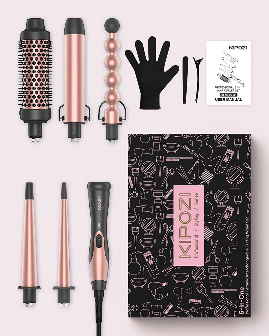 KIPOZI 5 in 1 Curling Wand Set, Multi Curl, Curling Iron Set with Thermal Brush and 4 Interchangeable Ceramic Curling Wand, Instant Heat Up Wand Curling Iron, Rose Gold