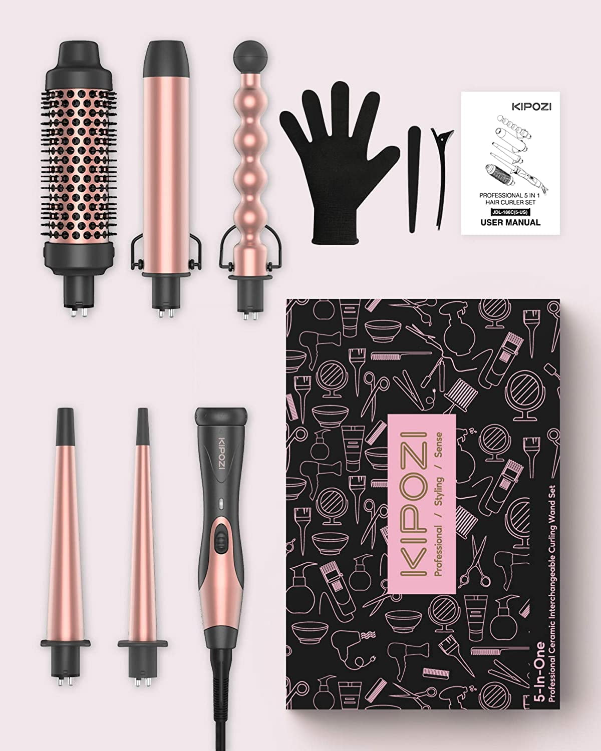 KIPOZI 5 in 1 Curling Wand Set, Multi Curl, Curling Iron Set with Thermal Brush and 4 Interchangeable Ceramic Curling Wand, Instant Heat Up Wand Curling Iron, Rose Gold