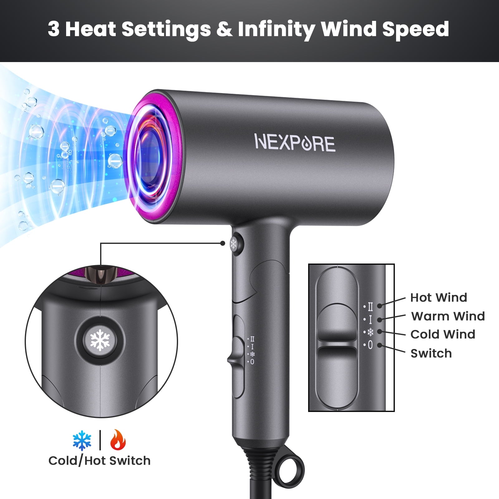 Hair Dryer, NEXPURE 1800W Professional Ionic Blow Dryer for Hair Care, Powerful Wind for Hair Drying, 2 Attachments, Grey