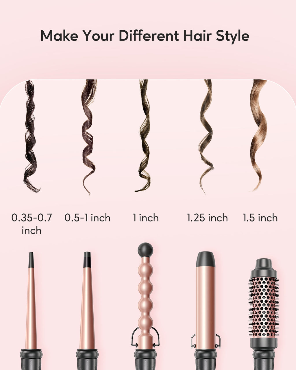KIPOZI 5 in 1 Curling Wand Set, Multi Curl, Curling Iron Set with Thermal Brush and 4 Interchangeable Ceramic Curling Wand, Instant Heat Up Wand Curling Iron, Rose Gold