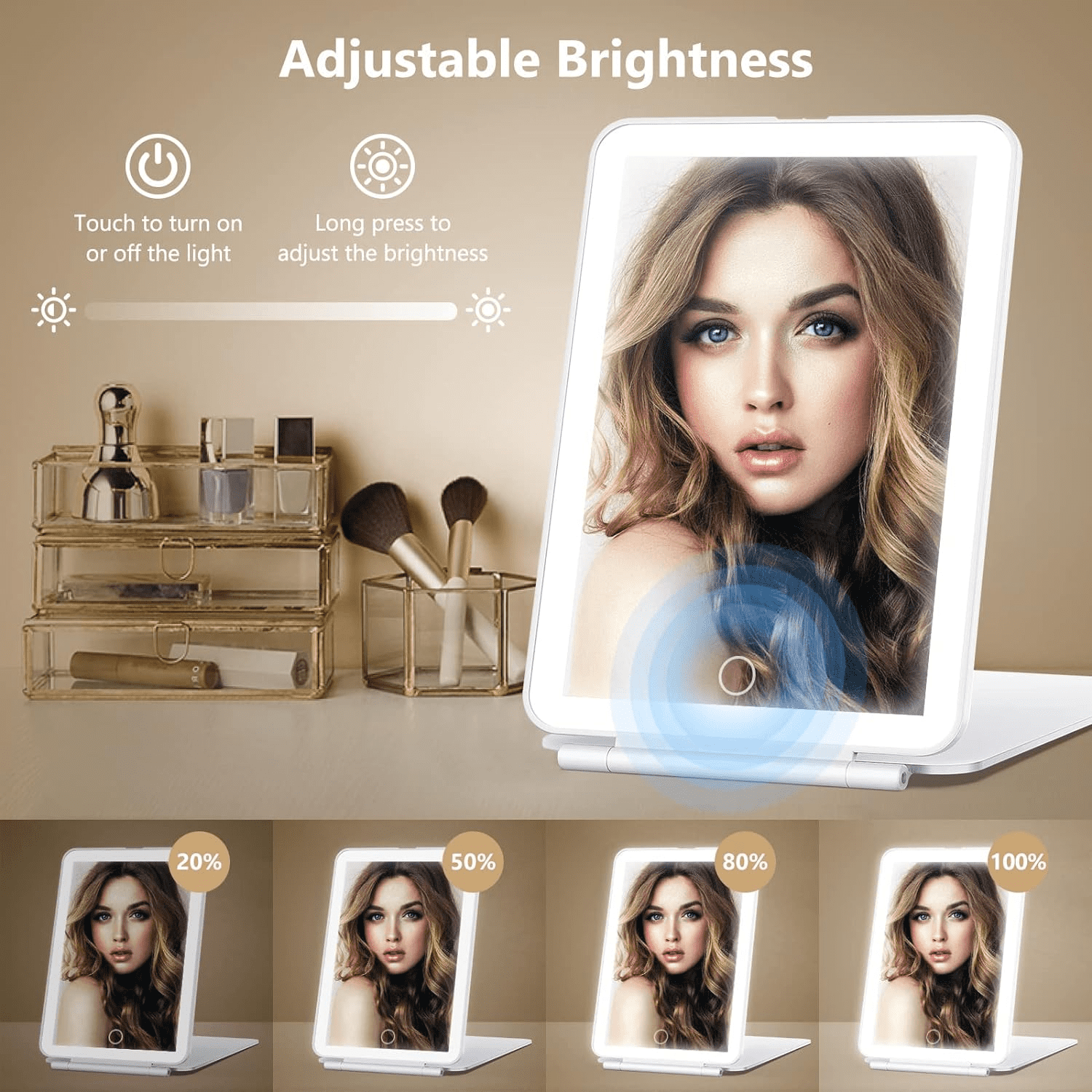 COOLJEEN Rechargeable Travel Makeup Vanity Mirror with 60 Led Lights Portable Rectangle White 7.9''
