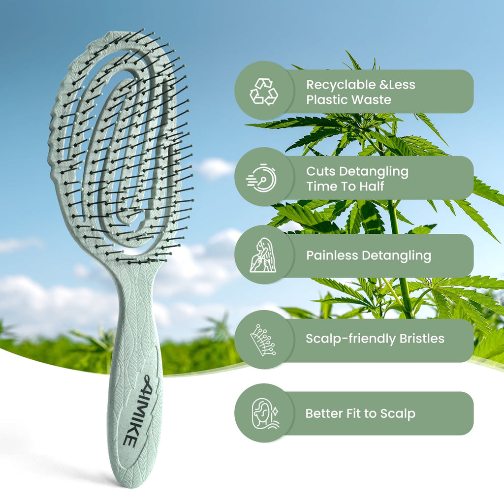 AIMIKE Hemp-Relax Detangler Hair Brush, Eco-Friendly Vented Detangling Hairbrush, Wet & Dry Use, Green