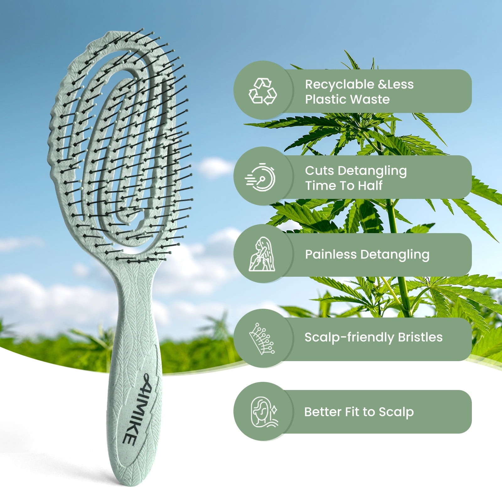 AIMIKE Hemp-Relax Detangler Hair Brush, Eco-Friendly Vented Detangling Hairbrush, Wet & Dry Use, Green