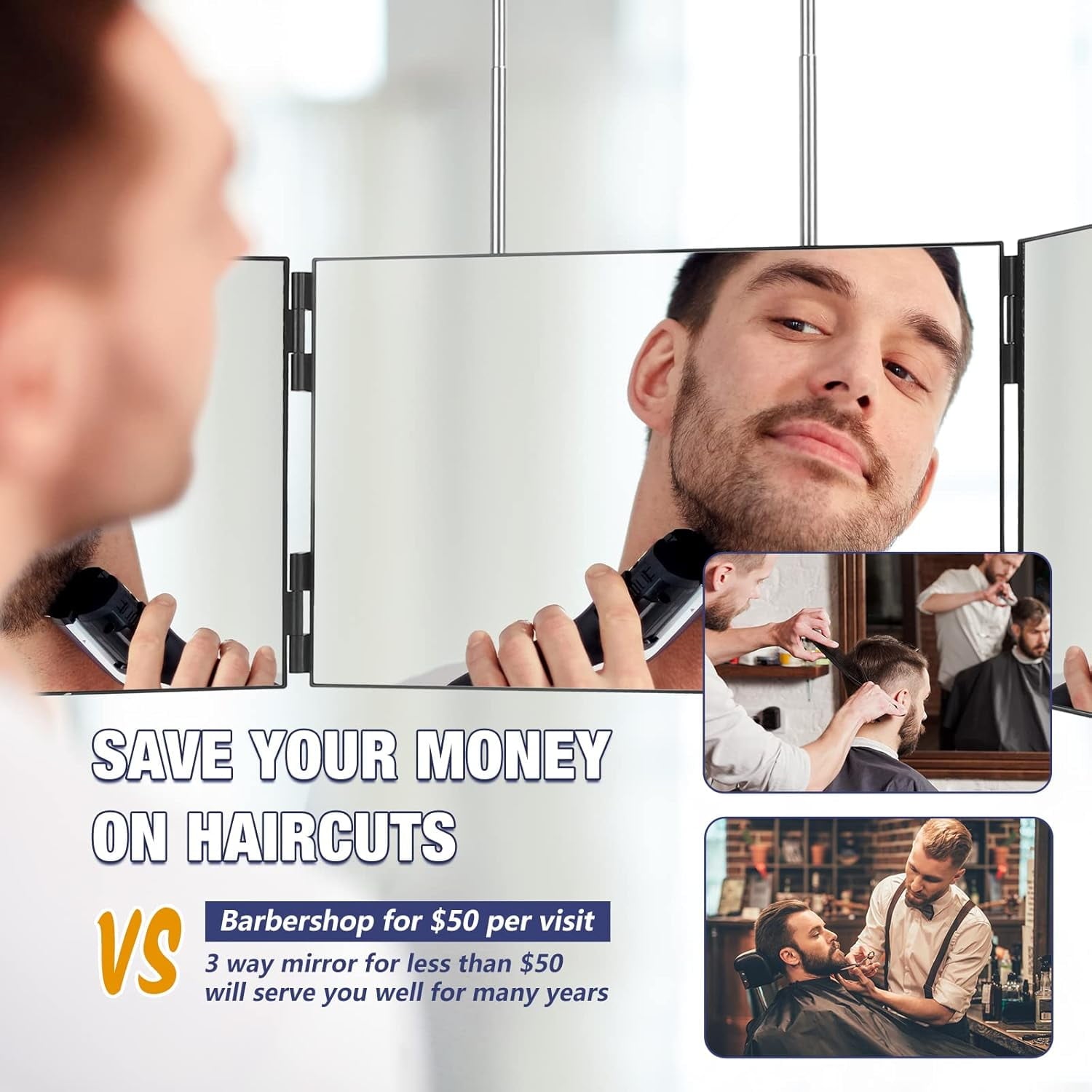 BN-LINK 3 Way Mirror for Self Hair Cutting, 360 Trifold Mirror with Height Adjustable Telescoping Hooks, Foldable Three Sided Mirror for Shaving, Makeup, Hair Styling(Black)