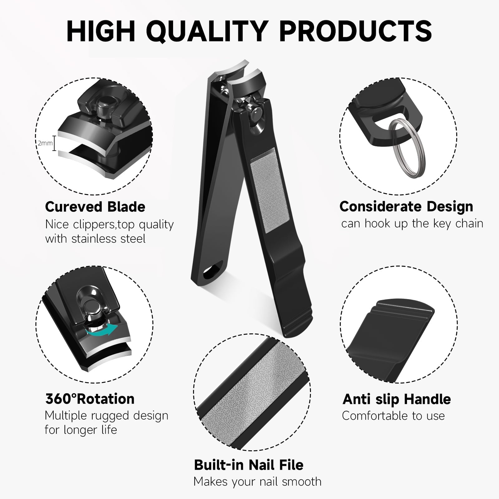 Nail Clipper, Stainless Steel Fingernails & Toenails Clippers & Nail File Sharp with Case, Set of 2