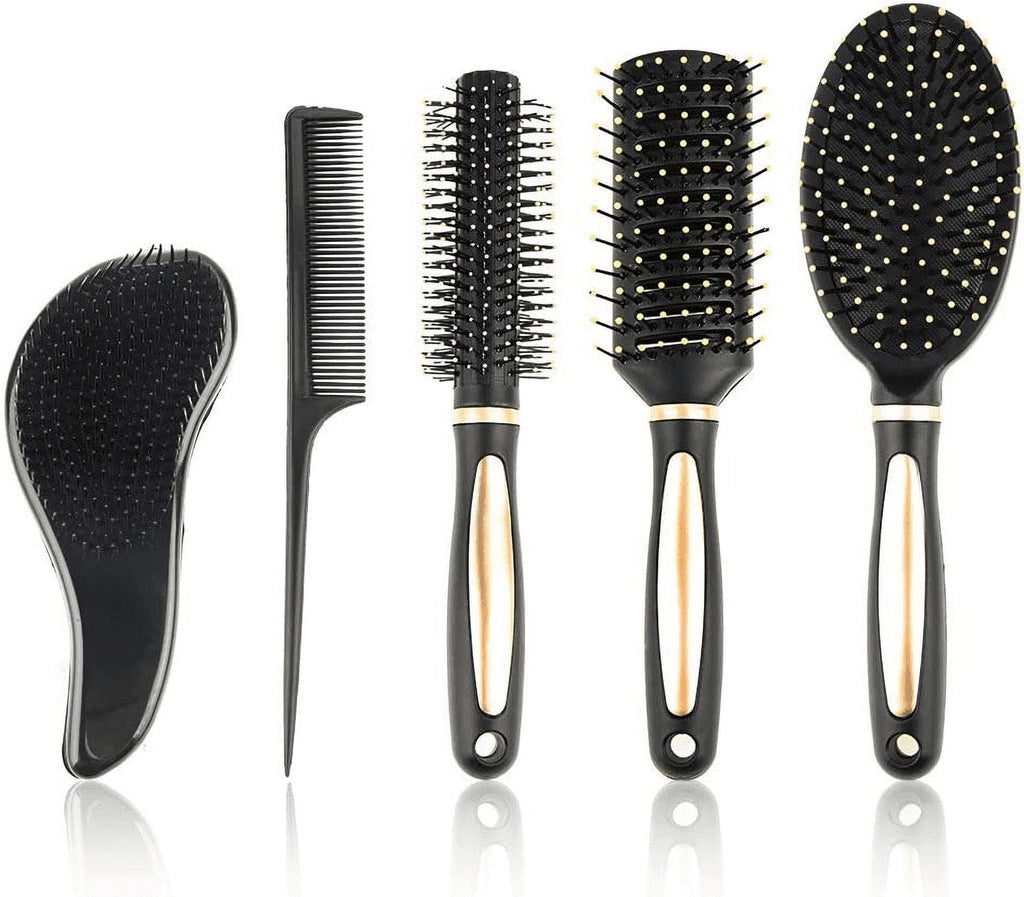Abaima 5 Pieces Hair Brush Comb Set Detangling Paddle Brush Round Hair Tail Comb Wet Dry Brush for Women Men Hair Styling(Black)