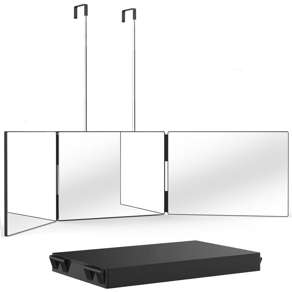 BN-LINK 3 Way Mirror for Self Hair Cutting, 360 Trifold Mirror with Height Adjustable Telescoping Hooks, Foldable Three Sided Mirror for Shaving, Makeup, Hair Styling(Black)