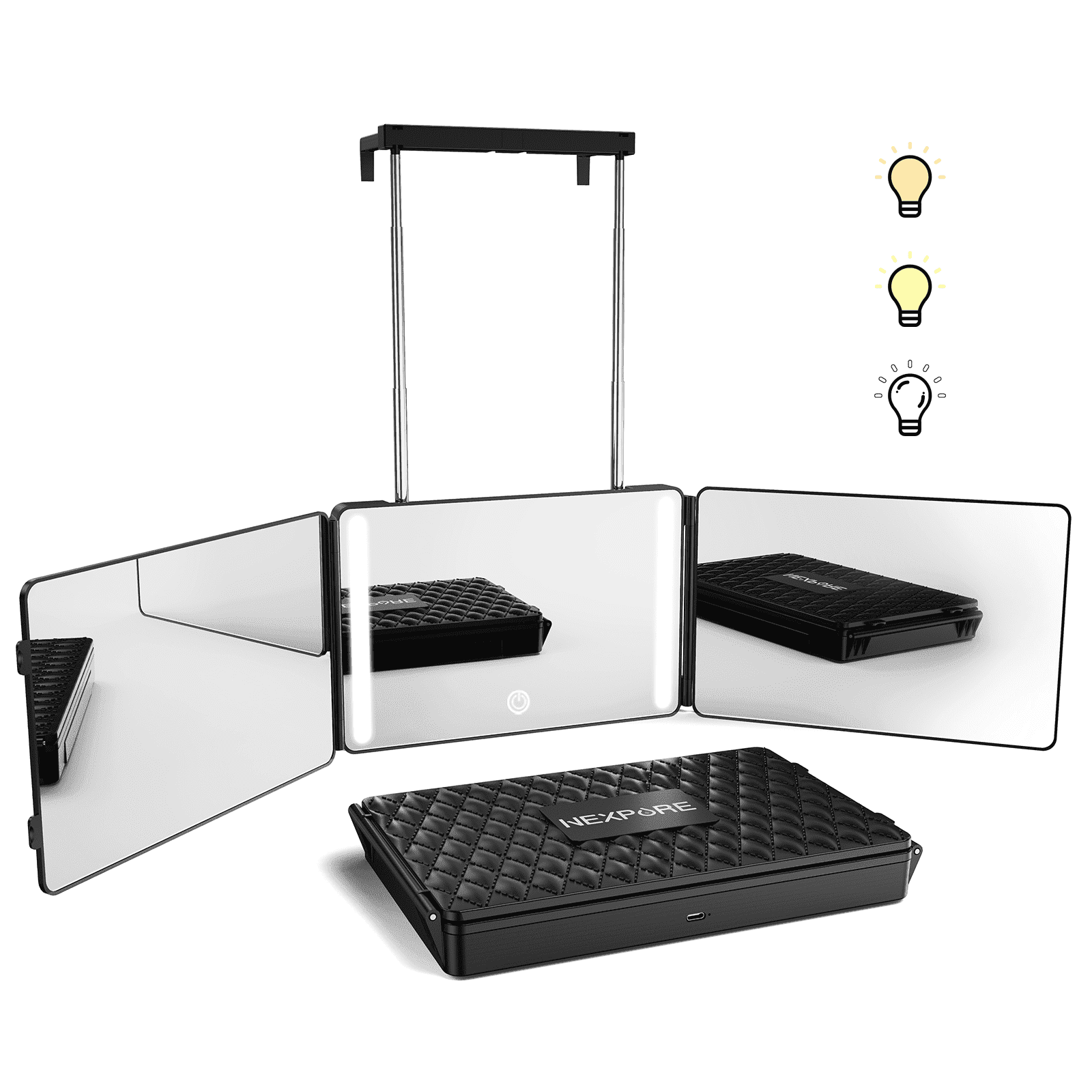 NEXPURE 3 Way Mirror,360 Mirror for Hair Cutting, 3 Color Light Makeup Mirror for Hair Styling and Shaving, Height and Light Adjustable