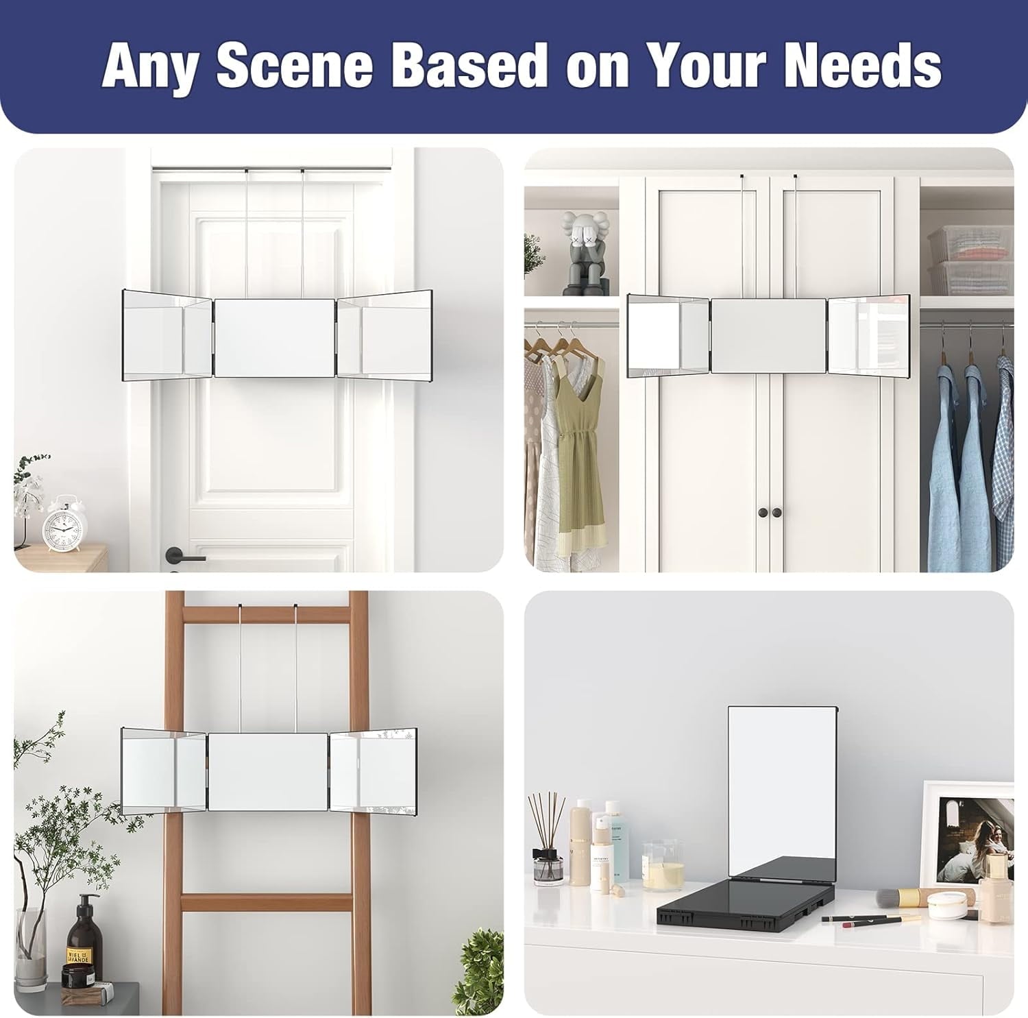 BN-LINK 3 Way Mirror for Self Hair Cutting, 360 Trifold Mirror with Height Adjustable Telescoping Hooks, Foldable Three Sided Mirror for Shaving, Makeup, Hair Styling(Black)