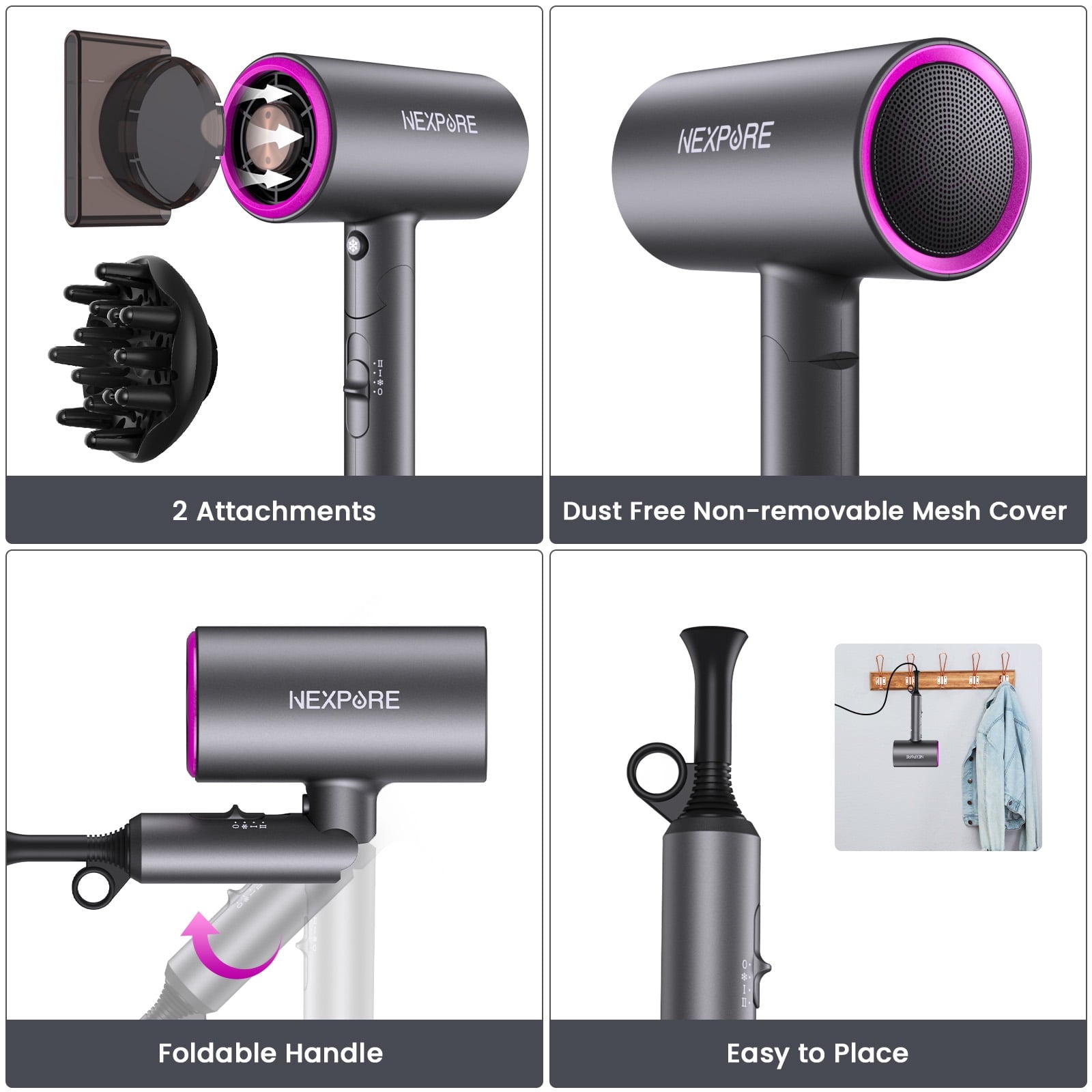 Hair Dryer, NEXPURE 1800W Professional Ionic Blow Dryer for Hair Care, Powerful Wind for Hair Drying, 2 Attachments, Grey