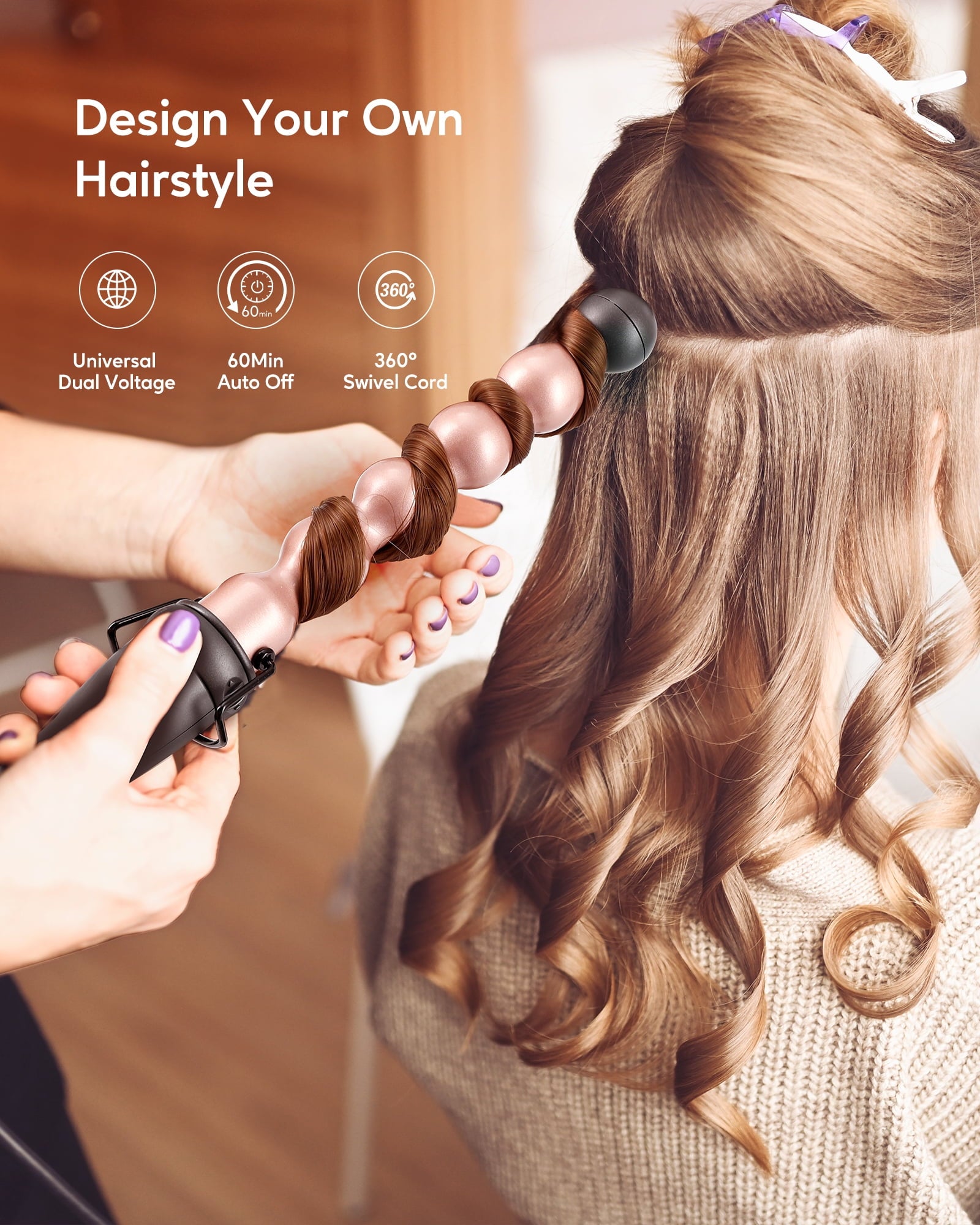 KIPOZI 5 in 1 Curling Wand Set, Multi Curl, Curling Iron Set with Thermal Brush and 4 Interchangeable Ceramic Curling Wand, Instant Heat Up Wand Curling Iron, Rose Gold