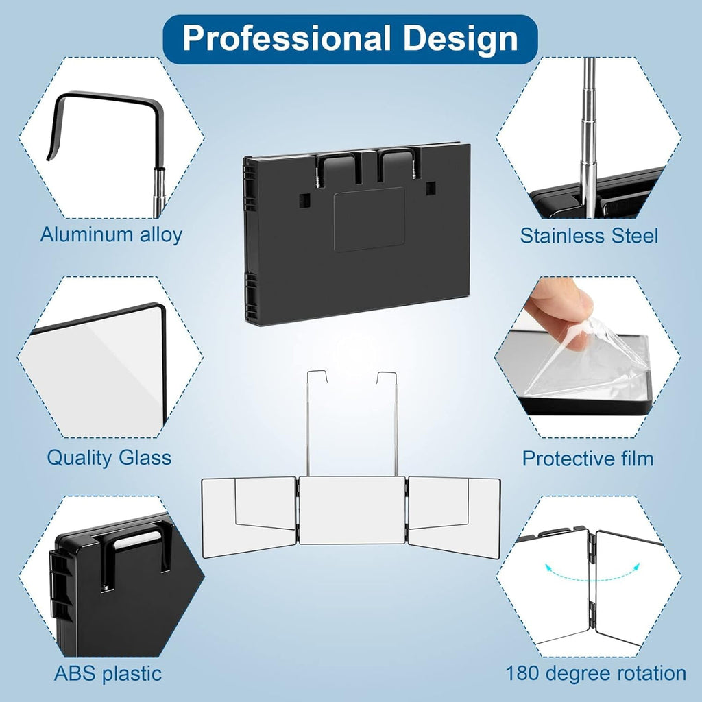 BN-LINK 3 Way Mirror for Self Hair Cutting, 360 Trifold Mirror with Height Adjustable Telescoping Hooks, Foldable Three Sided Mirror for Shaving, Makeup, Hair Styling(Black)