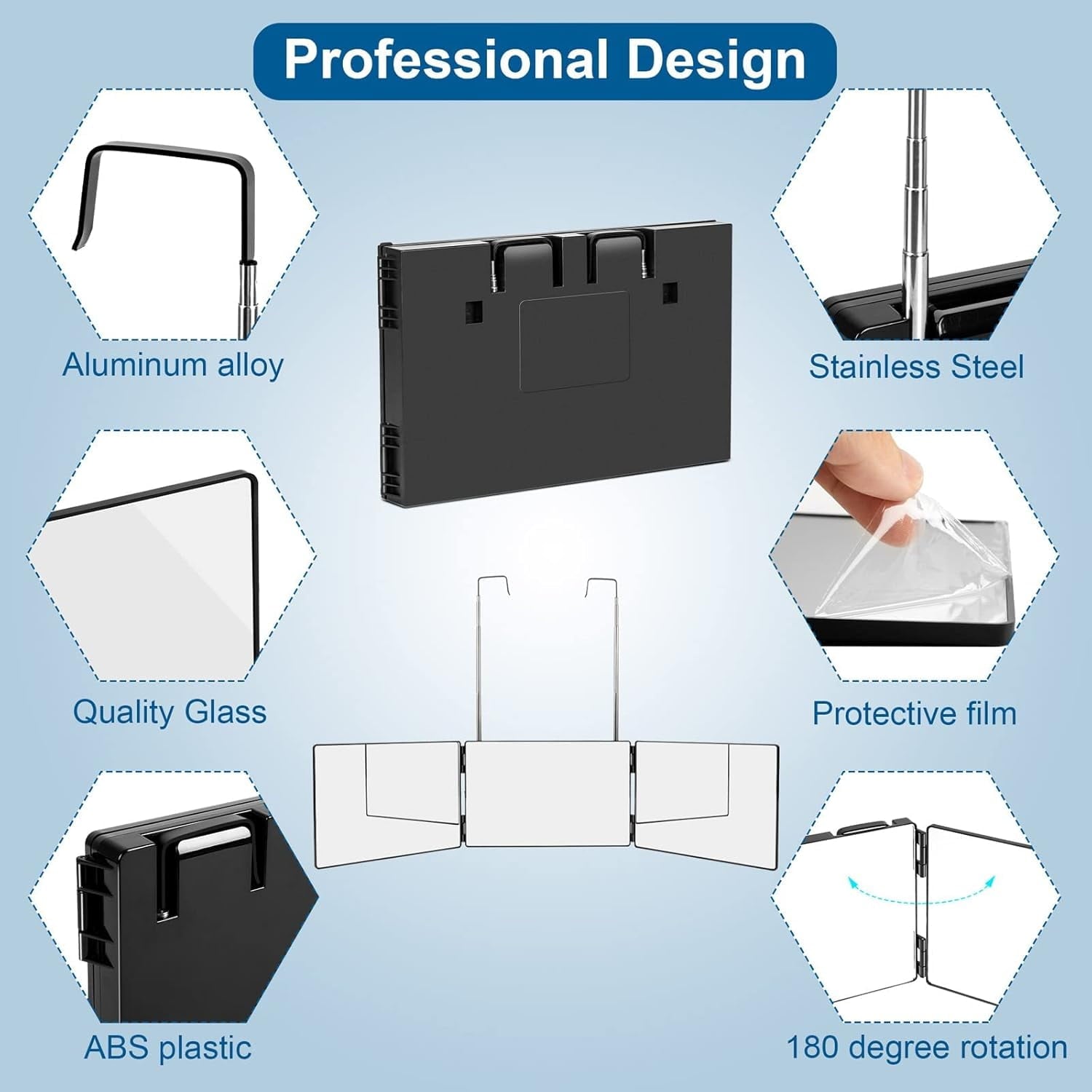 BN-LINK 3 Way Mirror for Self Hair Cutting, 360 Trifold Mirror with Height Adjustable Telescoping Hooks, Foldable Three Sided Mirror for Shaving, Makeup, Hair Styling(Black)