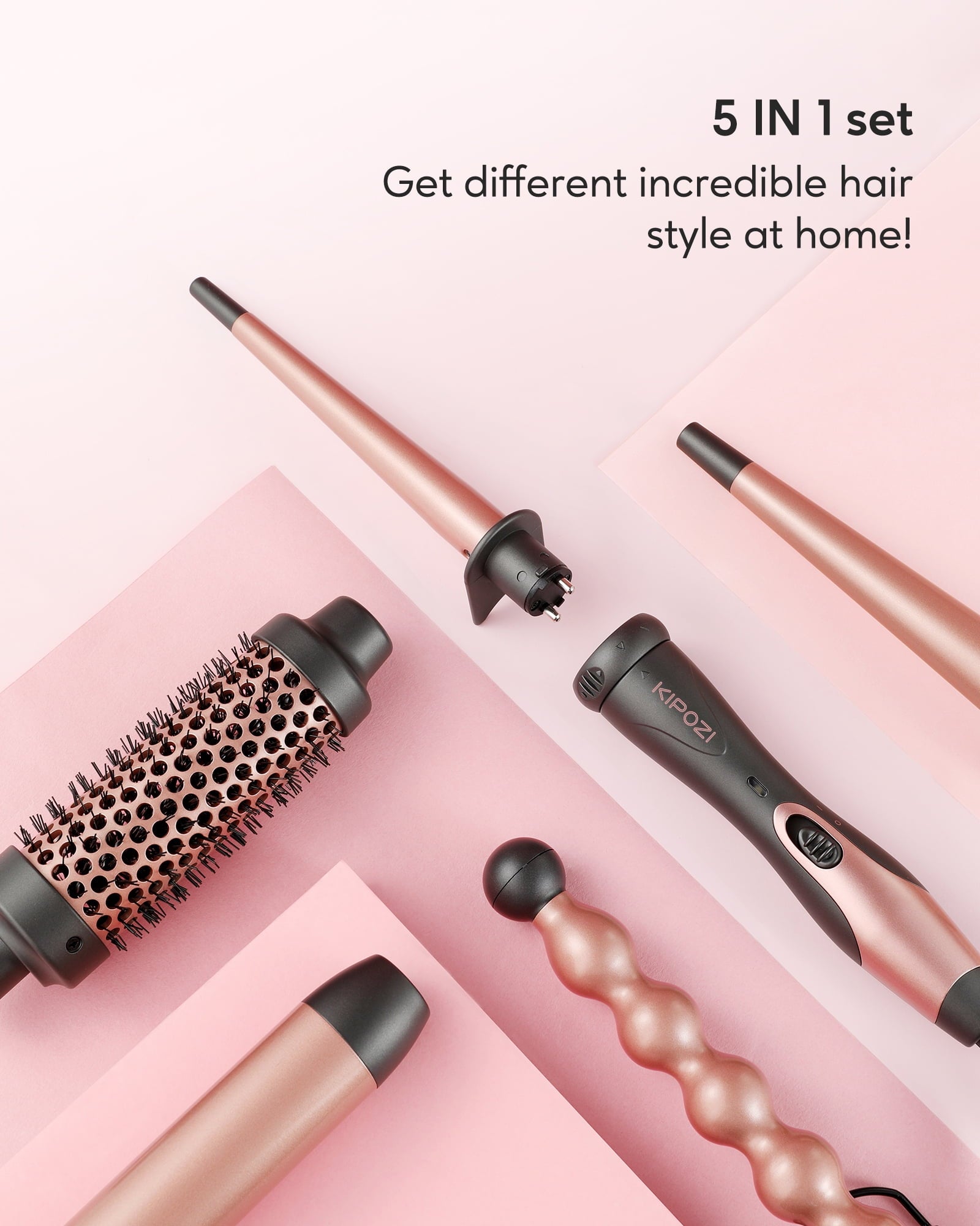KIPOZI 5 in 1 Curling Wand Set, Multi Curl, Curling Iron Set with Thermal Brush and 4 Interchangeable Ceramic Curling Wand, Instant Heat Up Wand Curling Iron, Rose Gold