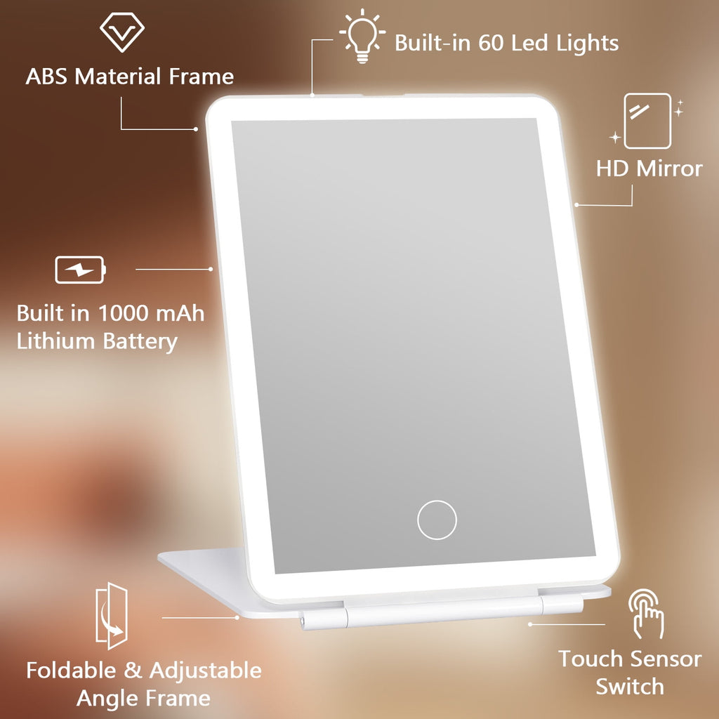 COOLJEEN Rechargeable Travel Makeup Vanity Mirror with 60 Led Lights Portable Rectangle White 7.9''