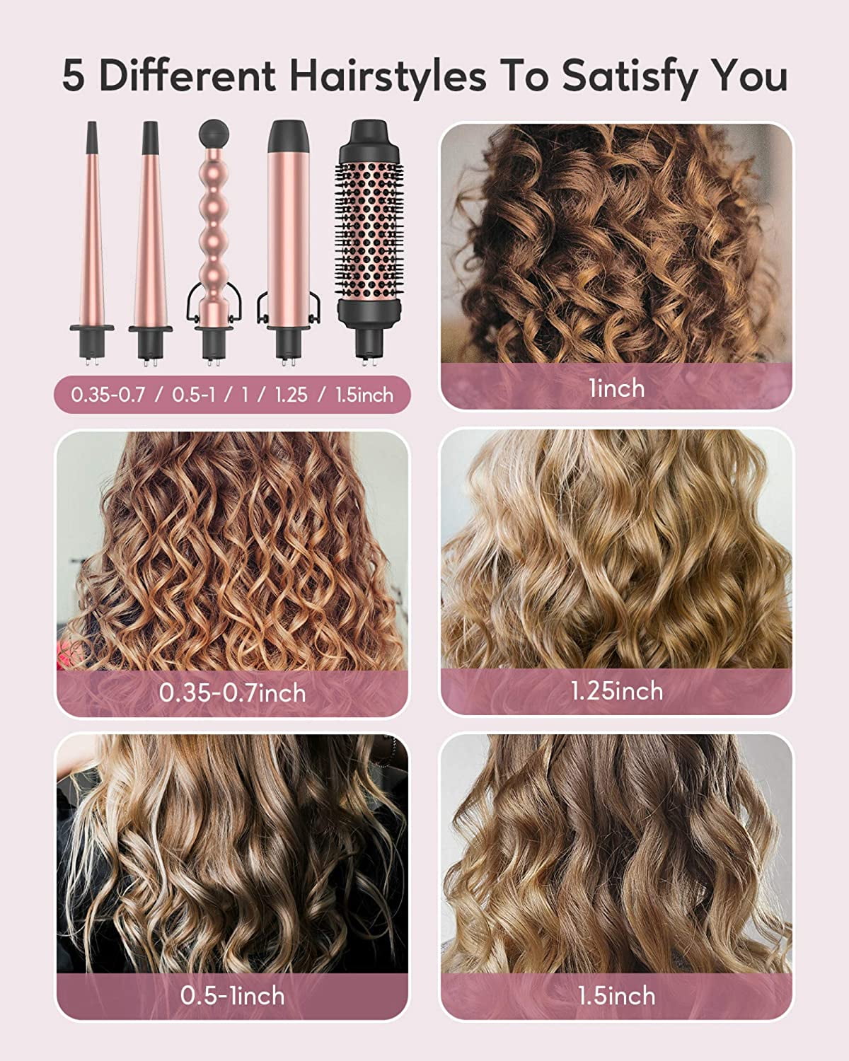 KIPOZI 5 in 1 Curling Wand Set, Multi Curl, Curling Iron Set with Thermal Brush and 4 Interchangeable Ceramic Curling Wand, Instant Heat Up Wand Curling Iron, Rose Gold