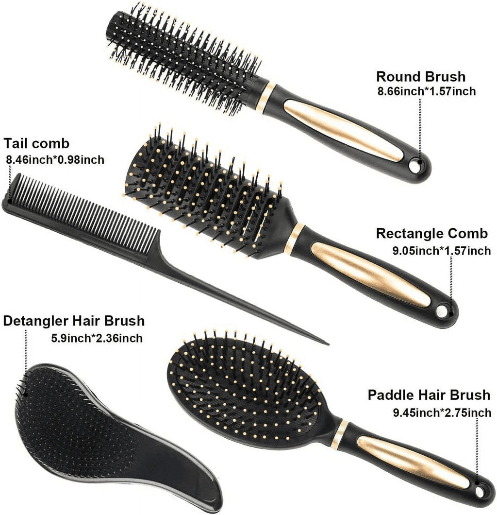 Abaima 5 Pieces Hair Brush Comb Set Detangling Paddle Brush Round Hair Tail Comb Wet Dry Brush for Women Men Hair Styling(Black)