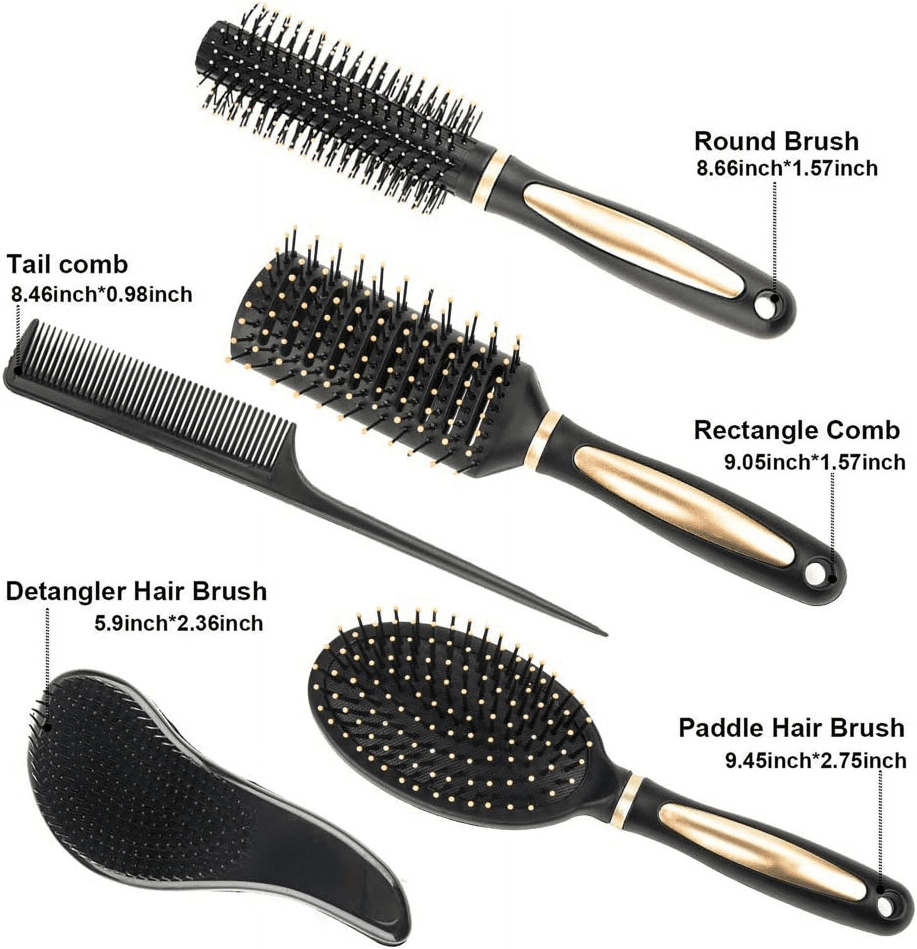 Abaima 5 Pieces Hair Brush Comb Set Detangling Paddle Brush Round Hair Tail Comb Wet Dry Brush for Women Men Hair Styling(Black)