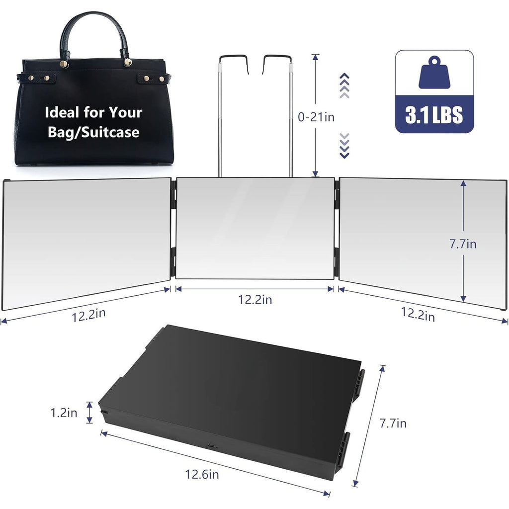 BN-LINK 3 Way Mirror for Self Hair Cutting, 360 Trifold Mirror with Height Adjustable Telescoping Hooks, Foldable Three Sided Mirror for Shaving, Makeup, Hair Styling(Black)